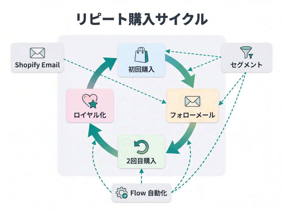Shopifyリピート購入サイクルと3機能の関係図